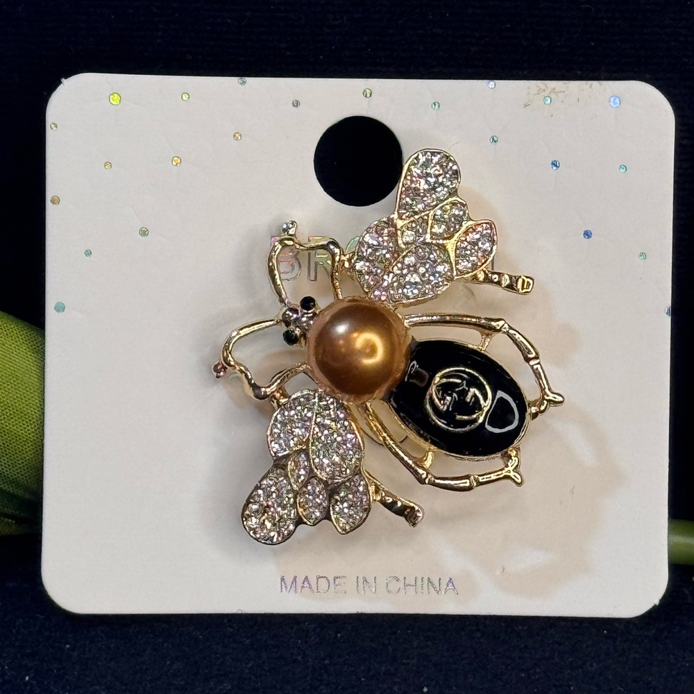 Fashion Jewelry Gold Tone with Black W/ Faux Brown Pearl and Crystal Bee Brooch